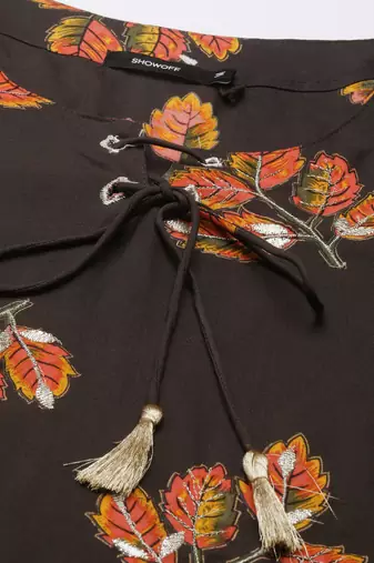 women's calf length round neck coffee brown floral straight kurta