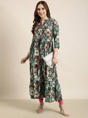 women's ankle length mandarin collar teal floral anarkali kurta 5