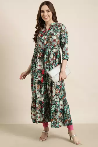 women's ankle length mandarin collar teal floral anarkali kurta