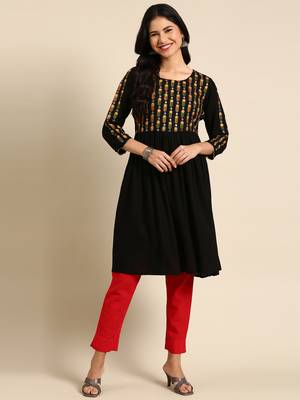 women's knee length round neck black solid anarkali kurta 4