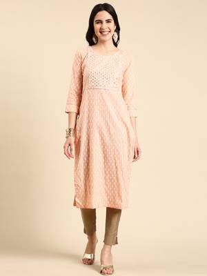 women's calf length scoop neck peach geometric straight kurta 1