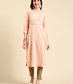 women's calf length scoop neck peach geometric straight kurta