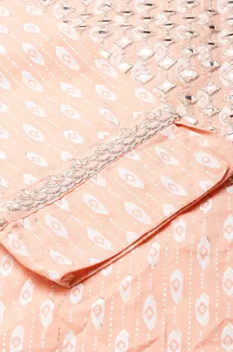 women's calf length scoop neck peach geometric straight kurta