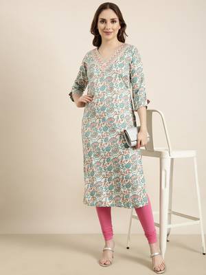 women's calf length v-neck turquoise blue floral straight kurta 1