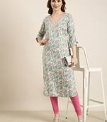 women's calf length v-neck turquoise blue floral straight kurta
