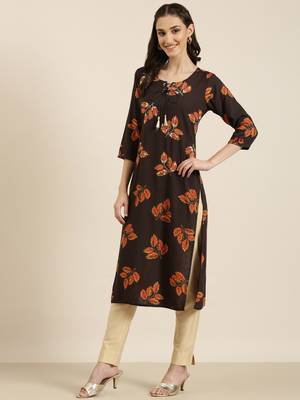 women's calf length round neck coffee brown floral straight kurta 4