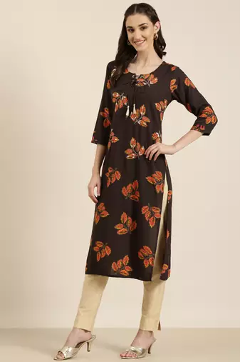 women's calf length round neck coffee brown floral straight kurta