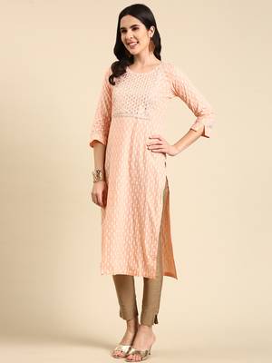 women's calf length scoop neck peach geometric straight kurta 5