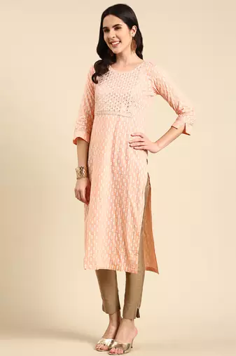 women's calf length scoop neck peach geometric straight kurta