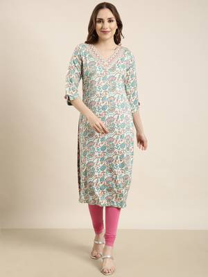women's calf length v-neck turquoise blue floral straight kurta 2