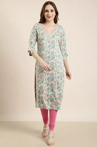 women's calf length v-neck turquoise blue floral straight kurta