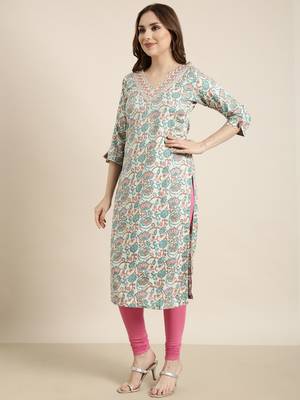 women's calf length v-neck turquoise blue floral straight kurta 3