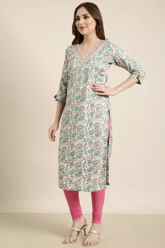 women's calf length v-neck turquoise blue floral straight kurta