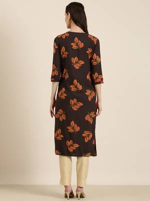 women's calf length round neck coffee brown floral straight kurta 5