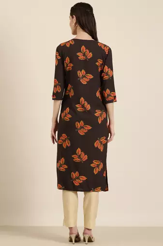 women's calf length round neck coffee brown floral straight kurta