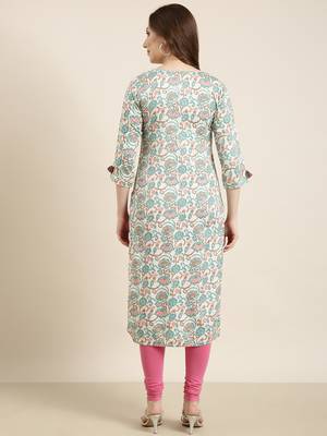 women's calf length v-neck turquoise blue floral straight kurta 4