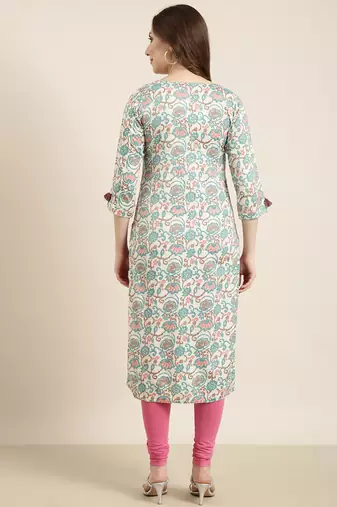 women's calf length v-neck turquoise blue floral straight kurta