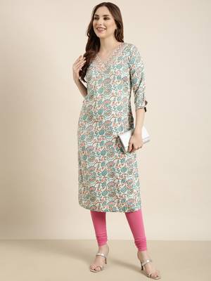 women's calf length v-neck turquoise blue floral straight kurta 5