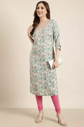 women's calf length v-neck turquoise blue floral straight kurta