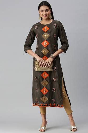 women's calf length round neck black ethnic motifs straight kurta