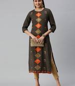 women's calf length round neck black ethnic motifs straight kurta