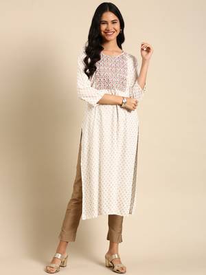 women's calf length round neck off white geometric straight kurta 3