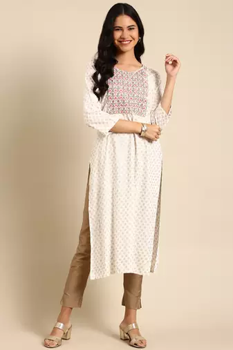 women's calf length round neck off white geometric straight kurta