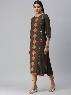 women's calf length round neck black ethnic motifs straight kurta 2