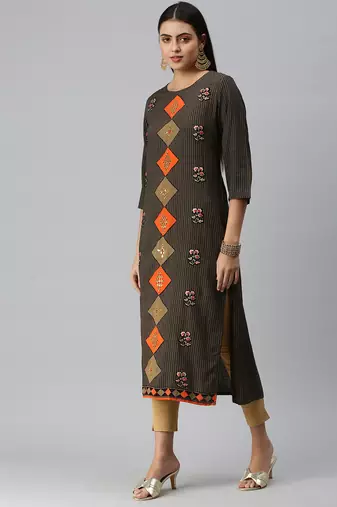 women's calf length round neck black ethnic motifs straight kurta