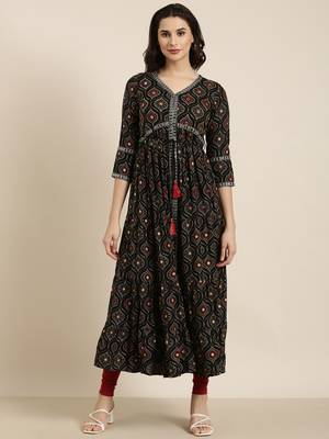women's calf length v-neck black bandhani anarkali kurta 2