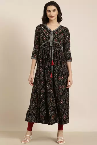 women's calf length v-neck black bandhani anarkali kurta