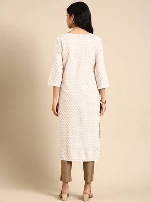 women's calf length round neck off white geometric straight kurta 4
