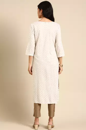 women's calf length round neck off white geometric straight kurta