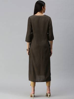 women's calf length round neck black ethnic motifs straight kurta 3