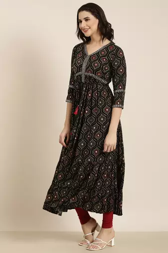 women's calf length v-neck black bandhani anarkali kurta