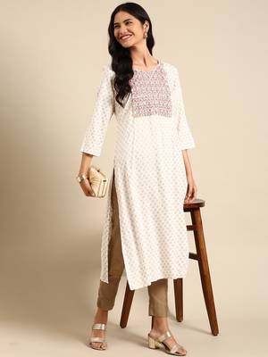 women's calf length round neck off white geometric straight kurta 5