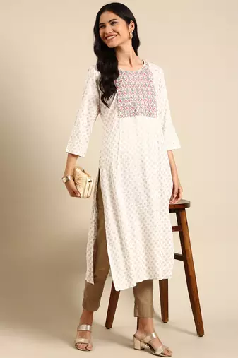 women's calf length round neck off white geometric straight kurta
