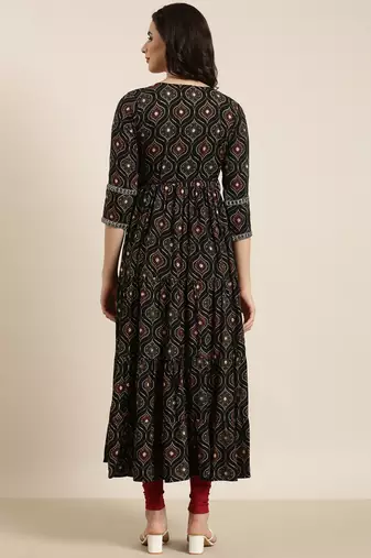 women's calf length v-neck black bandhani anarkali kurta
