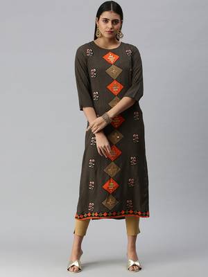 women's calf length round neck black ethnic motifs straight kurta 4