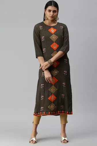 women's calf length round neck black ethnic motifs straight kurta