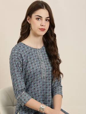 women's calf length round neck navy blue bandhani straight kurta 1