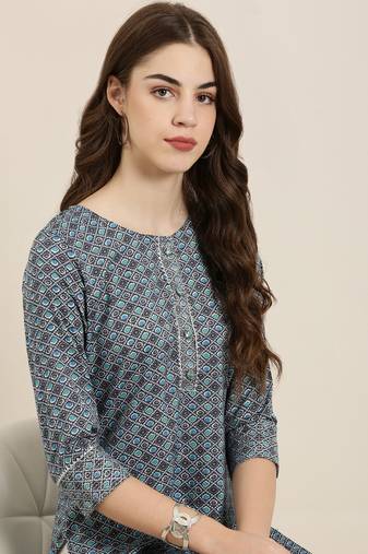 women's calf length round neck navy blue bandhani straight kurta