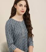 women's calf length round neck navy blue bandhani straight kurta