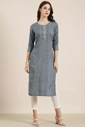 women's calf length round neck navy blue bandhani straight kurta