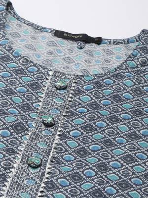 women's calf length round neck navy blue bandhani straight kurta 3