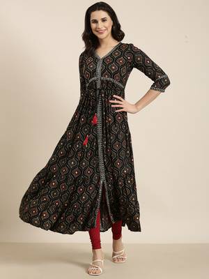 women's calf length v-neck black bandhani anarkali kurta 5