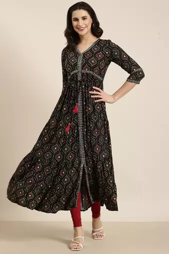 women's calf length v-neck black bandhani anarkali kurta