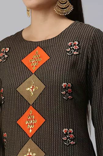 women's calf length round neck black ethnic motifs straight kurta