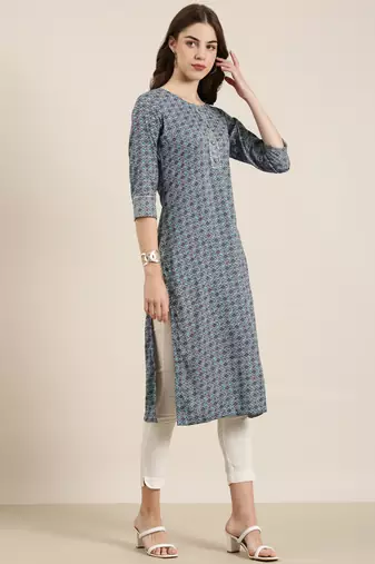 women's calf length round neck navy blue bandhani straight kurta