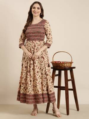 women's calf length round neck beige floral anarkali kurta 1